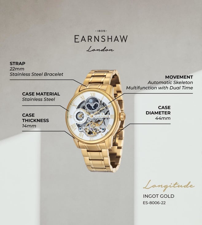 EARNSHAW Longitude Automatic Skeleton Dual Time Multifunction Watch for Men ES-8006-22 - KRISHNA WATCH COMPANY