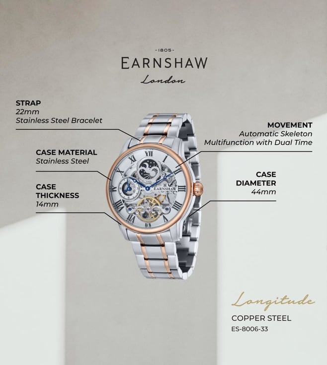EARNSHAW Longitude Automatic Skeleton Dual Time Multifunction Watch for Men ES-8006-33 - KRISHNA WATCH COMPANY