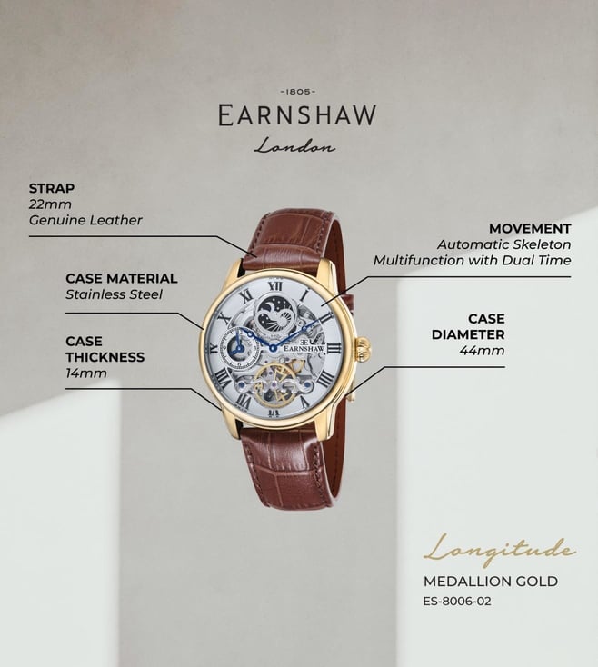 EARNSHAW Longitude Automatic Skeleton Dual Time Watch for Men ES-8006-02 - KRISHNA WATCH COMPANY
