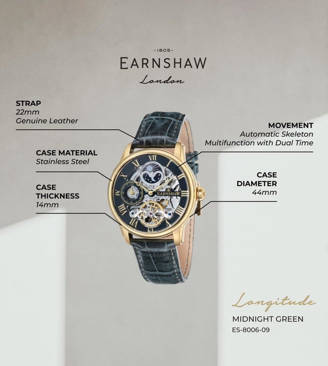EARNSHAW Longitude Automatic Skeleton Dual Time Multifunction Watch for Men - ES - 8006-09 - KRISHNA WATCH COMPANY