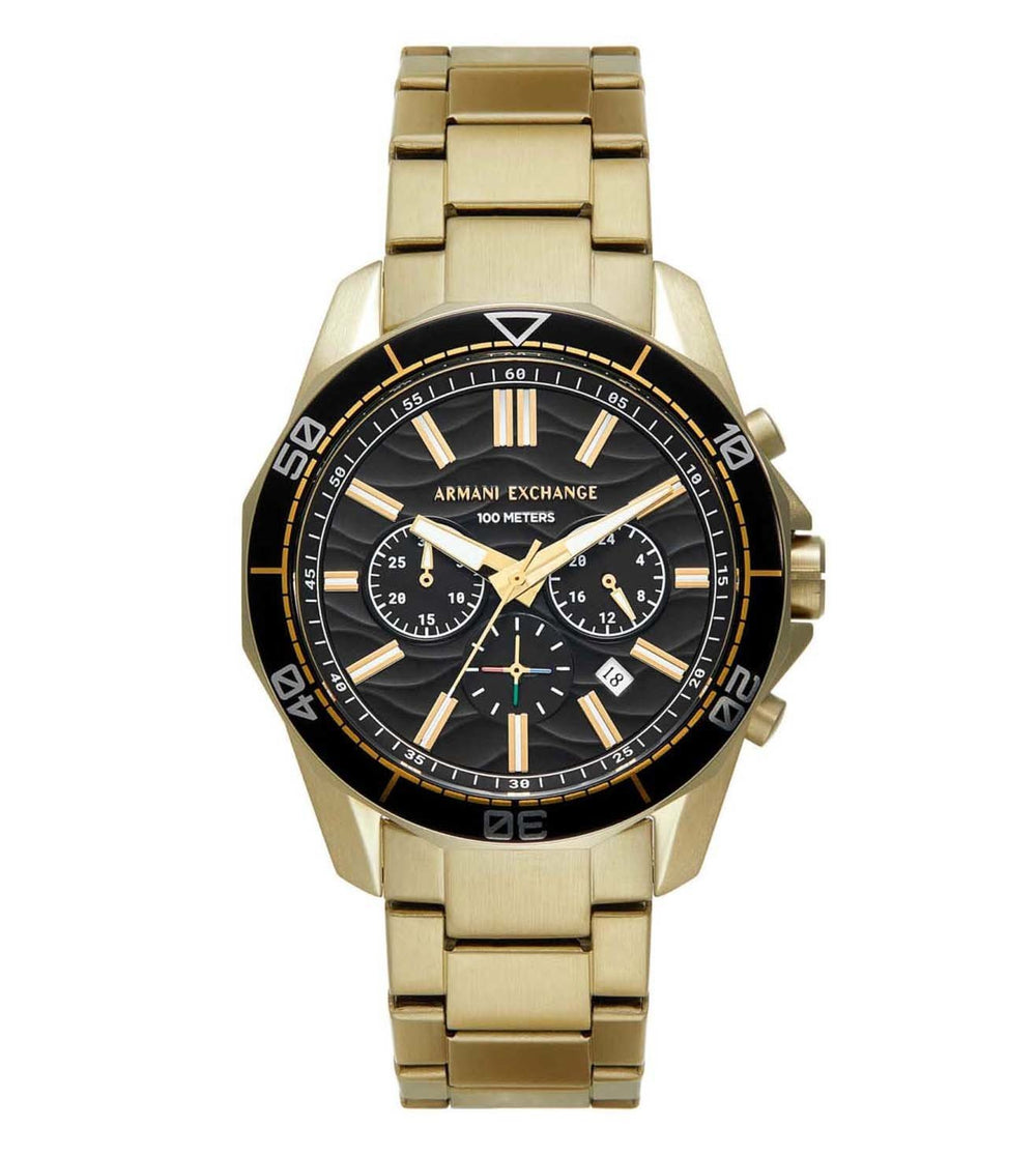 ARMANI EXCHANGE Spencer Chronograph Watch for Men, featuring a black band and dial with gold case and accents.