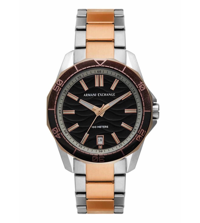 ARMANI EXCHANGE Spencer Analog Watch for Men AX1962, with a two-tone stainless steel band and rose gold casing, featuring a black dial.