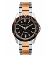 ARMANI EXCHANGE Spencer Analog Watch for Men AX1962, with a two-tone stainless steel band and rose gold casing, featuring a black dial.