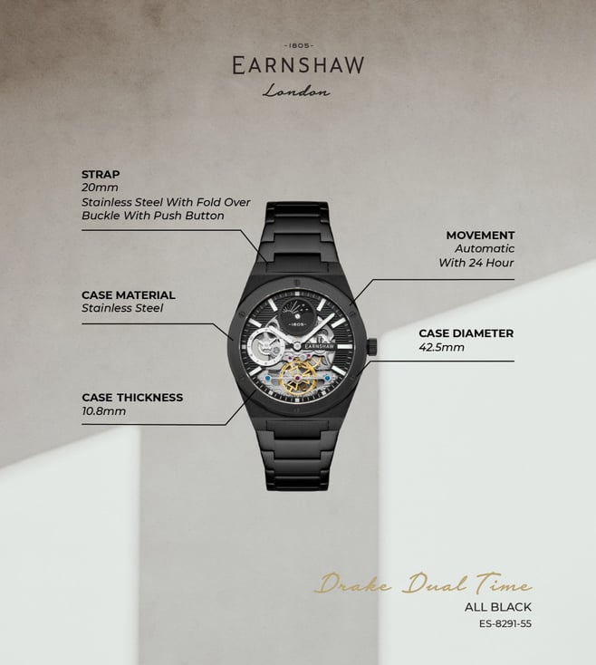 EARNSHAW Drake Dual Time Automatic Watch for Men ES-8291-55 - KRISHNA WATCH COMPANY