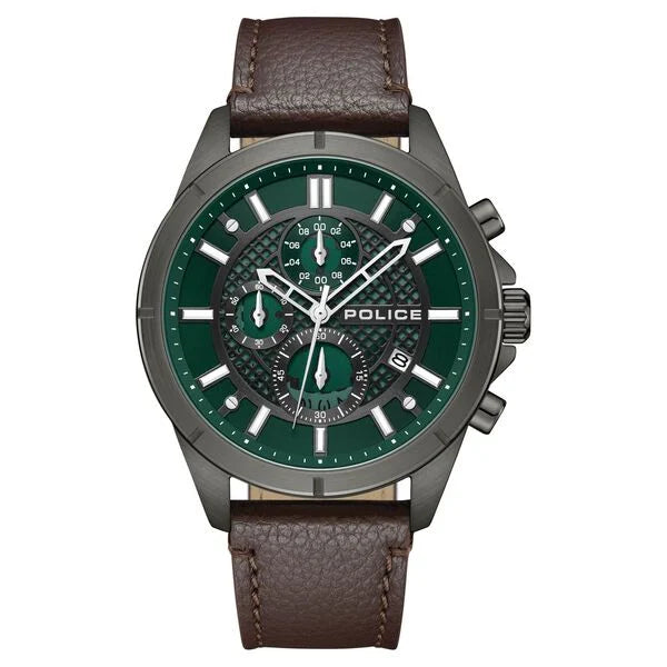 Police Chronograph Green Dial Brown Color Leather Strap Watch For Men plpewgc0054002 - KRISHNA WATCH COMPANY