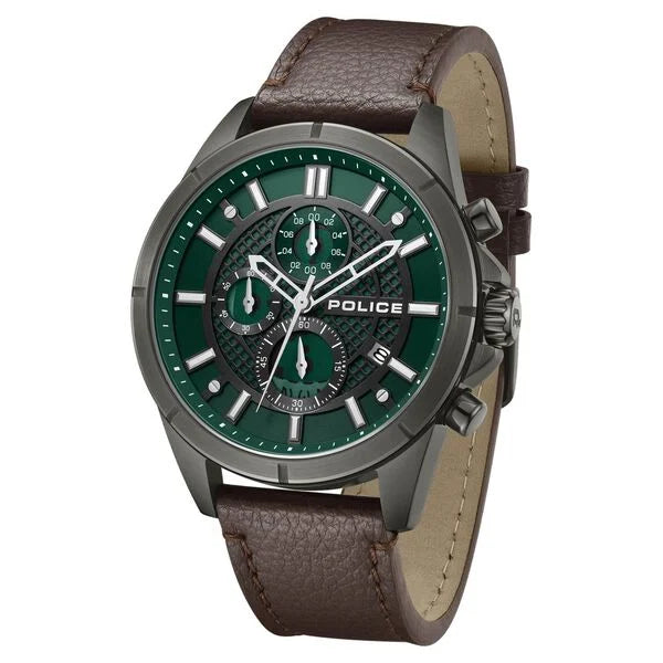 Police Chronograph Green Dial Brown Color Leather Strap Watch For Men plpewgc0054002 - KRISHNA WATCH COMPANY