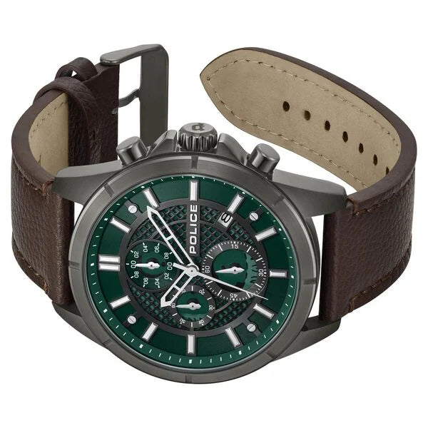 Police Chronograph Green Dial Brown Color Leather Strap Watch For Men plpewgc0054002 - KRISHNA WATCH COMPANY