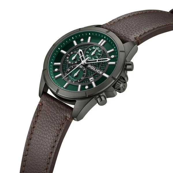 Police Chronograph Green Dial Brown Color Leather Strap Watch For Men plpewgc0054002 - KRISHNA WATCH COMPANY