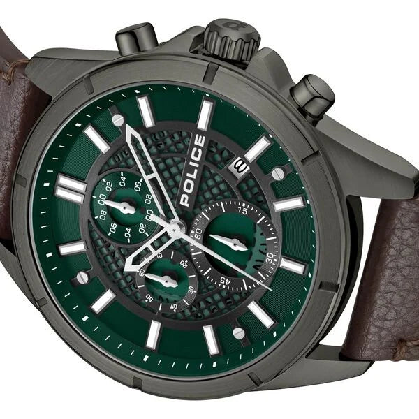 Police Chronograph Green Dial Brown Color Leather Strap Watch For Men plpewgc0054002 - KRISHNA WATCH COMPANY