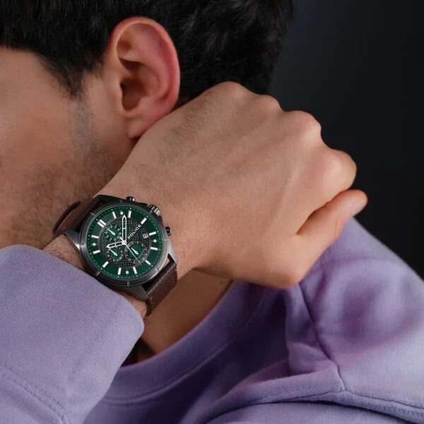 Police Chronograph Green Dial Brown Color Leather Strap Watch For Men plpewgc0054002 - KRISHNA WATCH COMPANY