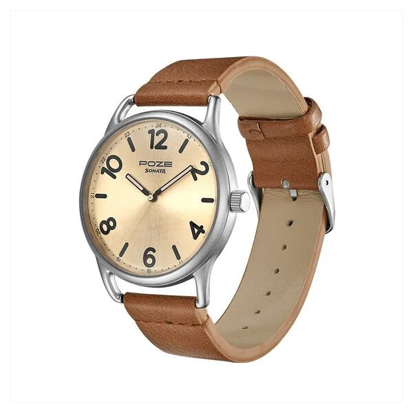 Poze by Sonata Quartz Analog Beige Dial PU Leather Strap Watch for Men SP70014SL01W - KRISHNA WATCH COMPANY