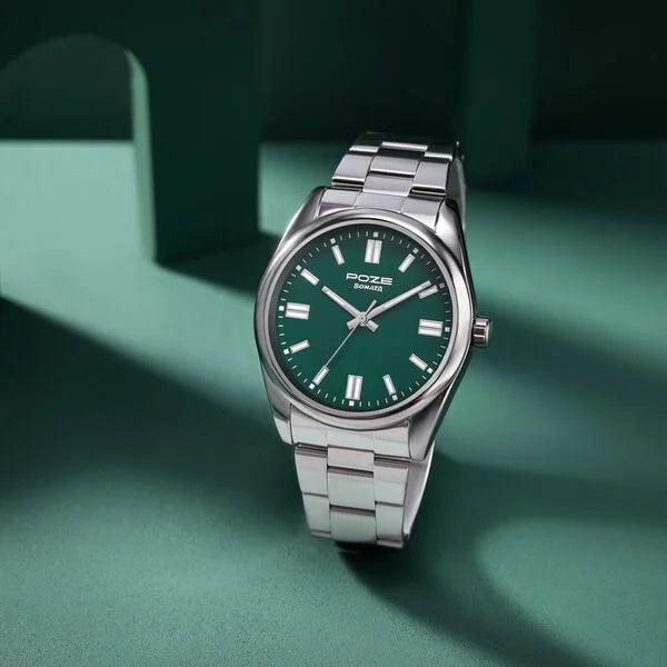 Sonata Poze Quartz Analog Green Dial Metal Strap Watch for Men sp70033sm01 - KRISHNA WATCH COMPANY