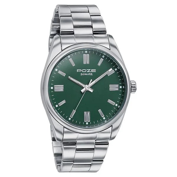 Sonata Poze Quartz Analog Green Dial Metal Strap Watch for Men sp70033sm01 - KRISHNA WATCH COMPANY
