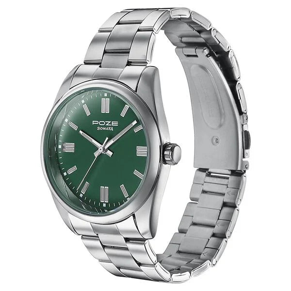 Sonata Poze Quartz Analog Green Dial Metal Strap Watch for Men sp70033sm01 - KRISHNA WATCH COMPANY