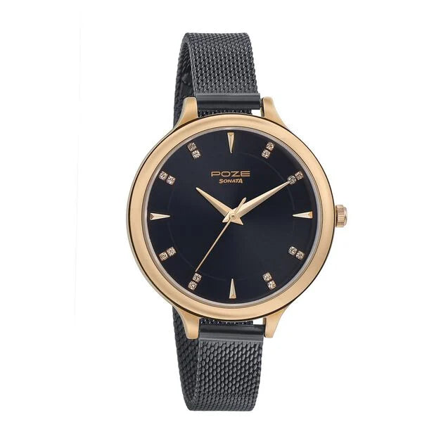 Sonata Poze Quartz Analog Black Dial Metal Strap Watch for Women SP80015KM01 - KRISHNA WATCH COMPANY