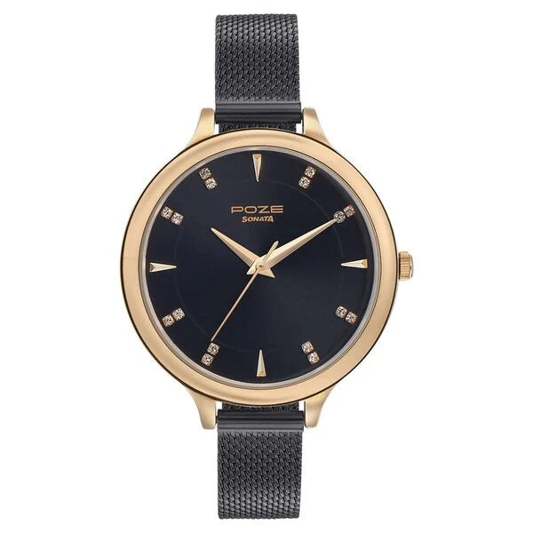 Sonata Poze Quartz Analog Black Dial Metal Strap Watch for Women SP80015KM01 - KRISHNA WATCH COMPANY