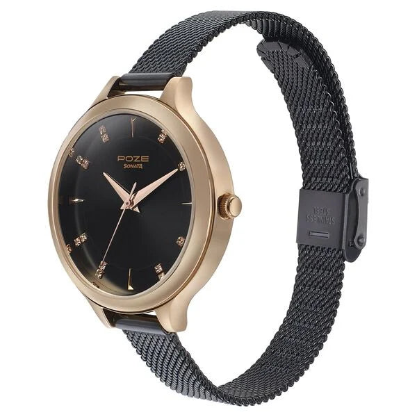 Sonata Poze Quartz Analog Black Dial Metal Strap Watch for Women SP80015KM01 - KRISHNA WATCH COMPANY