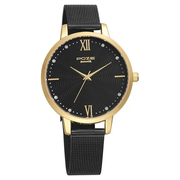 Sonata Poze by Sonata Quartz Analog Black Dial Stainless Steel Strap Watch for Women SP80019KM01W - KRISHNA WATCH COMPANY