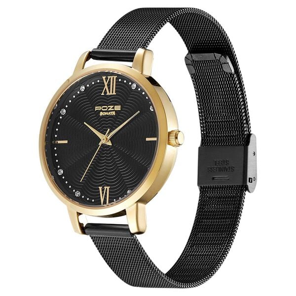 Sonata Poze by Sonata Quartz Analog Black Dial Stainless Steel Strap Watch for Women SP80019KM01W - KRISHNA WATCH COMPANY