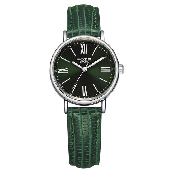 Poze by Sonata Quartz Analog Green Dial PU Leather Strap Watch for Women SP80037SL01W - KRISHNA WATCH COMPANY