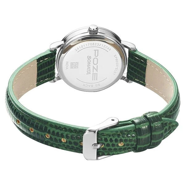 Poze by Sonata Quartz Analog Green Dial PU Leather Strap Watch for Women SP80037SL01W - KRISHNA WATCH COMPANY