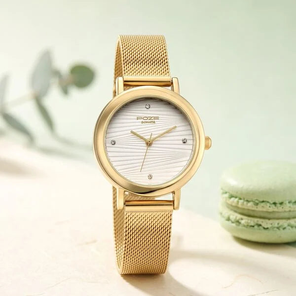 Poze By Sonata Quartz Analog Silver Dial Golden Metal Strap Watch For Women SP80211YM01W