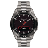A TISSOT T-TOUCH CONNECT SPORT watch with a black band and case, featuring a digital display and red hands.