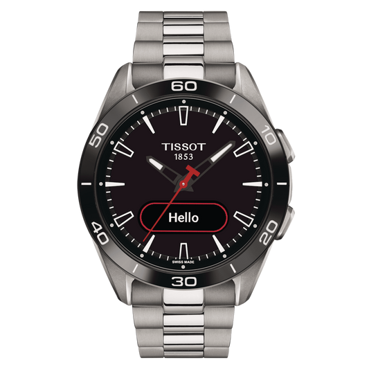 A TISSOT T-TOUCH CONNECT SPORT watch with a black band and case, featuring a digital display and red hands.