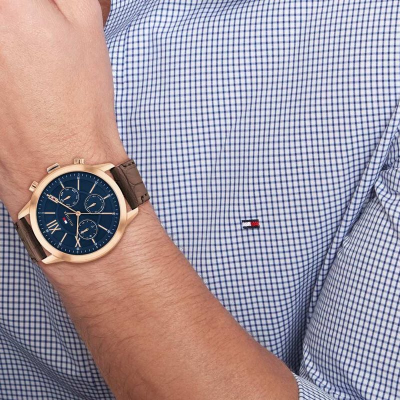 Tommy Hilfiger Blue Dial Brown Colour Leather Strap Watch for Men TH1710526 - KRISHNA WATCH COMPANY