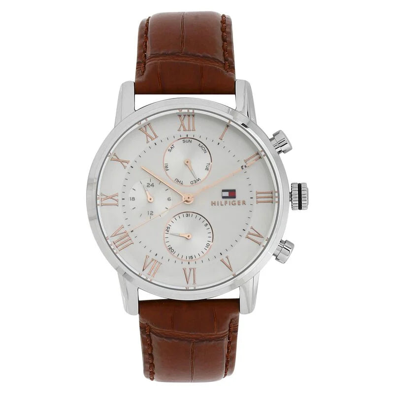 Tommy Hilfiger Quartz Multifunction Silver Dial Leather Strap Watch for Men NETH1791400 - KRISHNA WATCH COMPANY