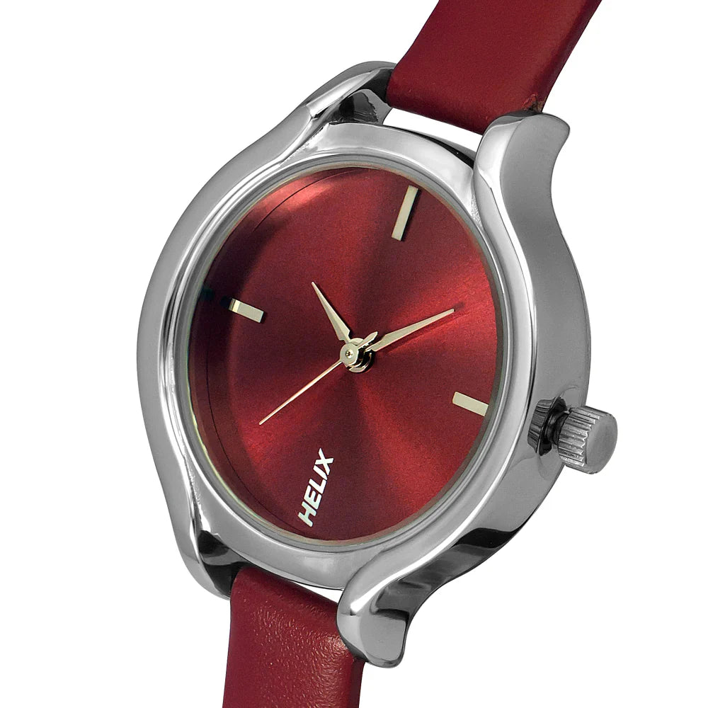 Helix By Timex Red Round Analog Leather Watch Women -TW027HL20 - KRISHNA WATCH COMPANY