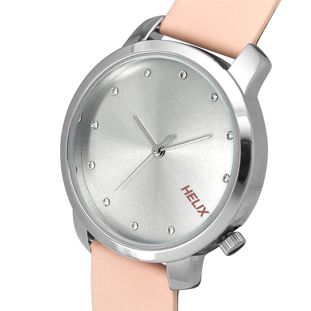 Helix By Timex Silver Round Analog Leather Watch Women -TW032HL32 - KRISHNA WATCH COMPANY