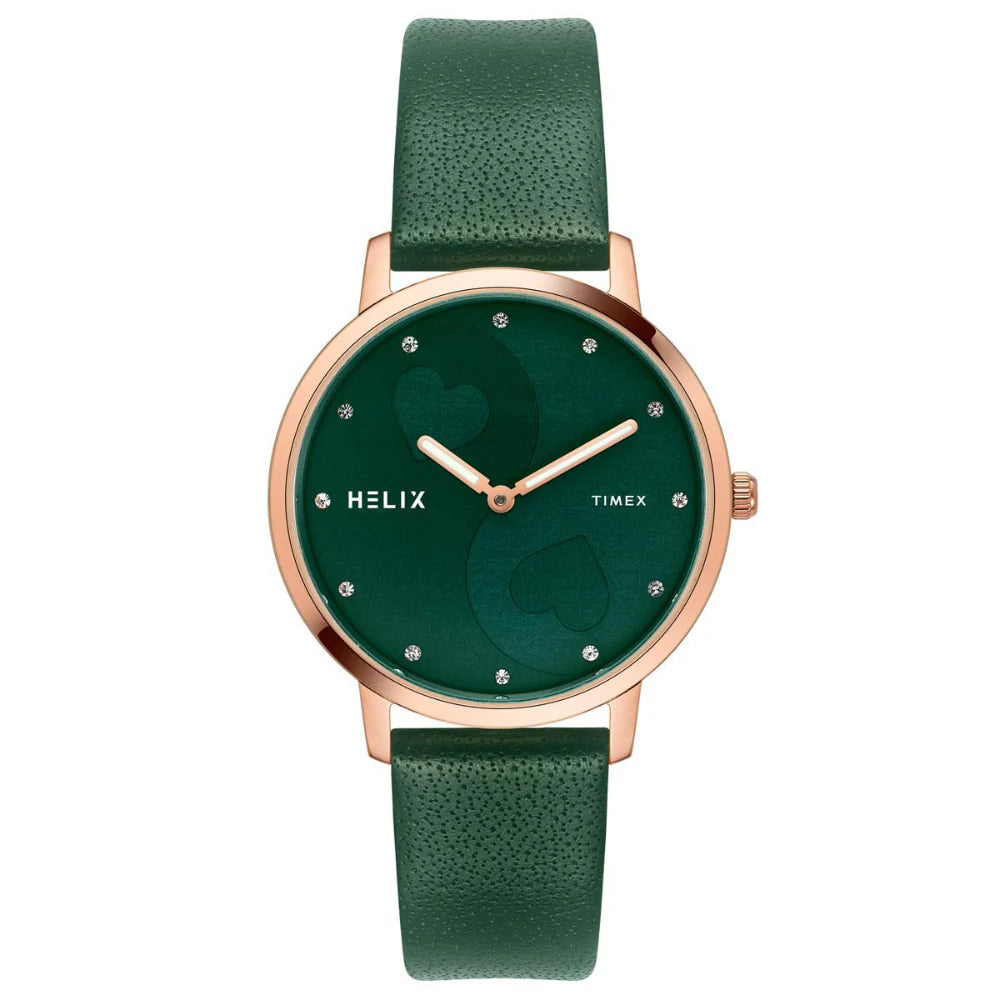 Helix By Timex Green Round Analog Leather Watch Women -TW056HL07T - KRISHNA WATCH COMPANY