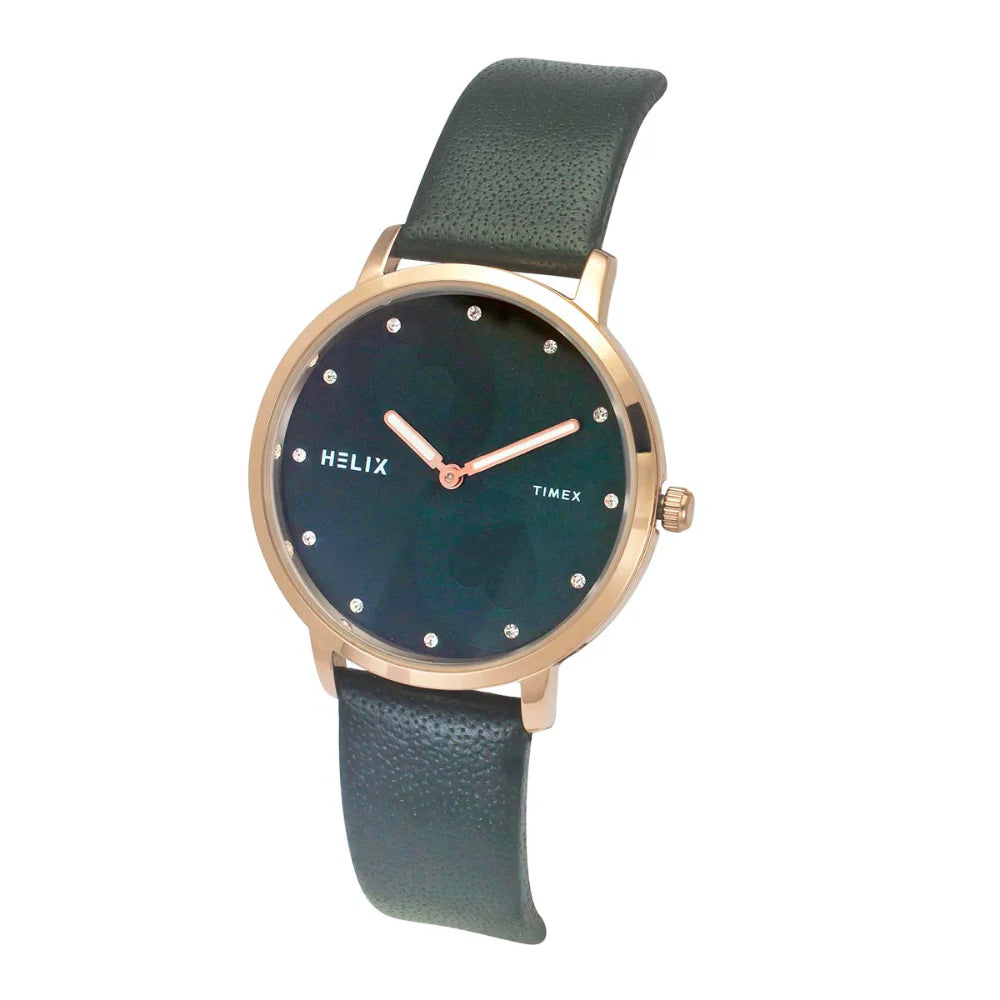 Helix By Timex Green Round Analog Leather Watch Women -TW056HL07T - KRISHNA WATCH COMPANY