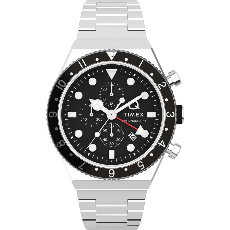 TIMEX Q Timex 3-Time Zone Chronograph 40mm Stainless Steel Bracelet Watch TW2V69800UJ