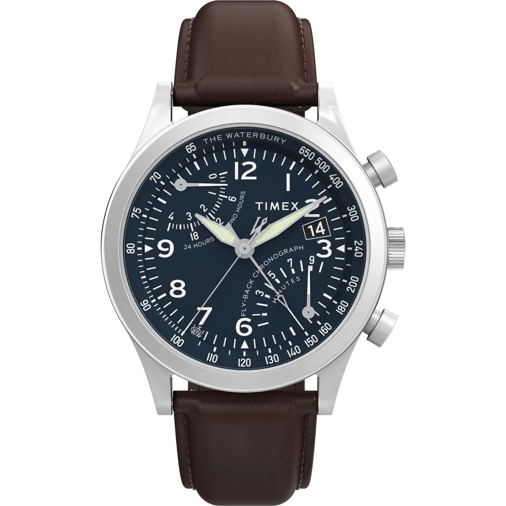 TIMEX Waterbury Traditional Fly Back Chronograph 43mm Leather Strap Watch TW2W47900UJ - KRISHNA WATCH COMPANY