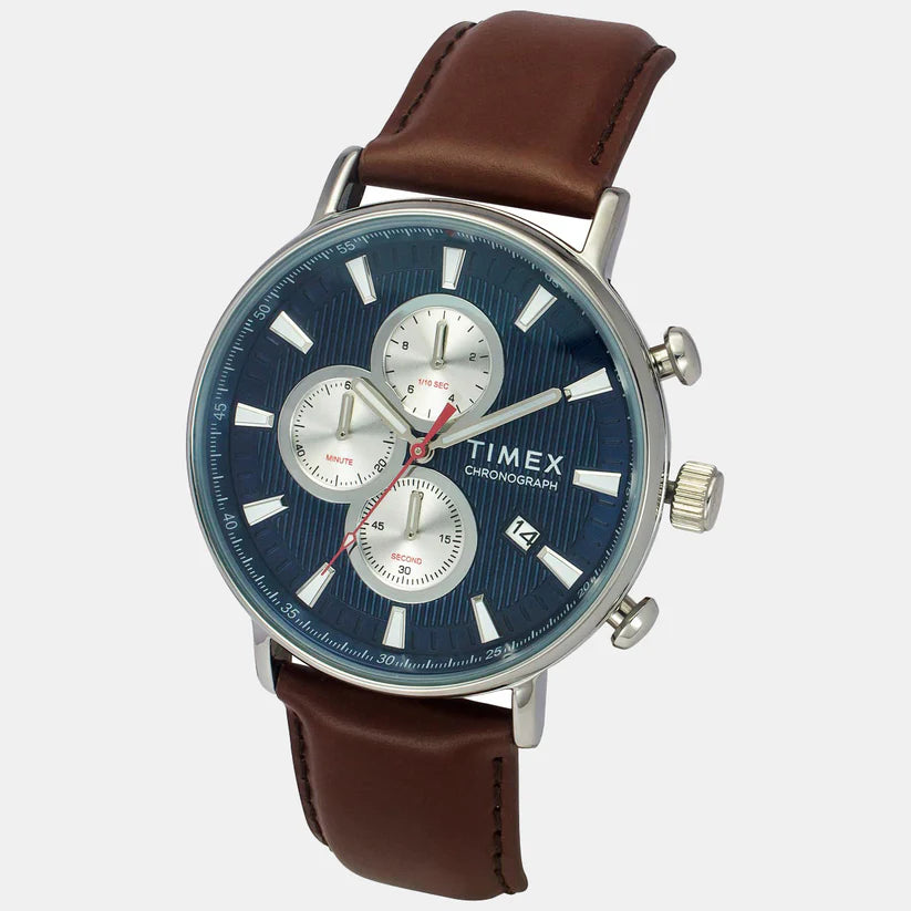 Timex  Men's Blue Round Chronograph Leather Watch TWEG20024