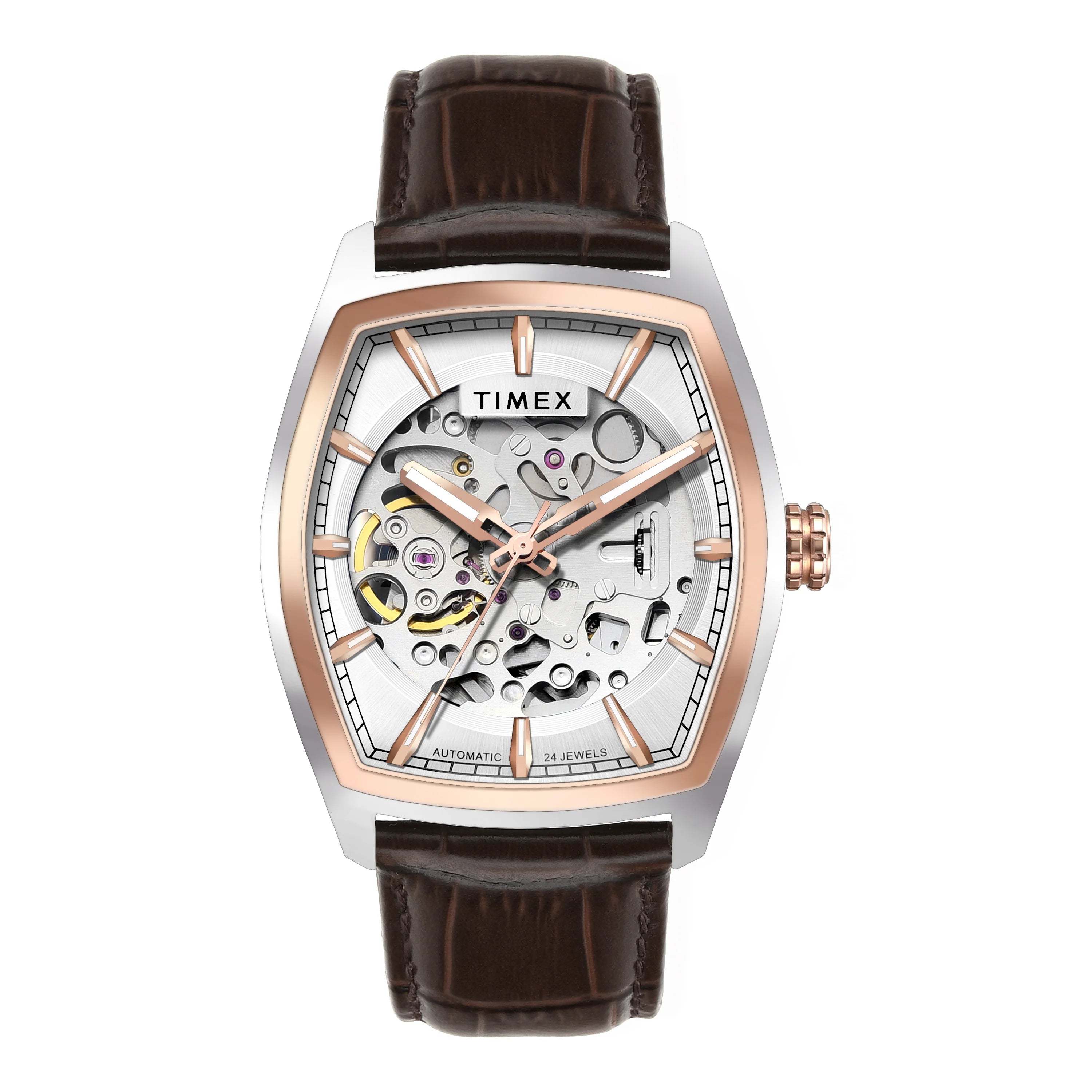 Timex Automatic Silver Tonneau Dial Croco Strap Men's Watch - TWEG25901 - KRISHNA WATCH COMPANY
