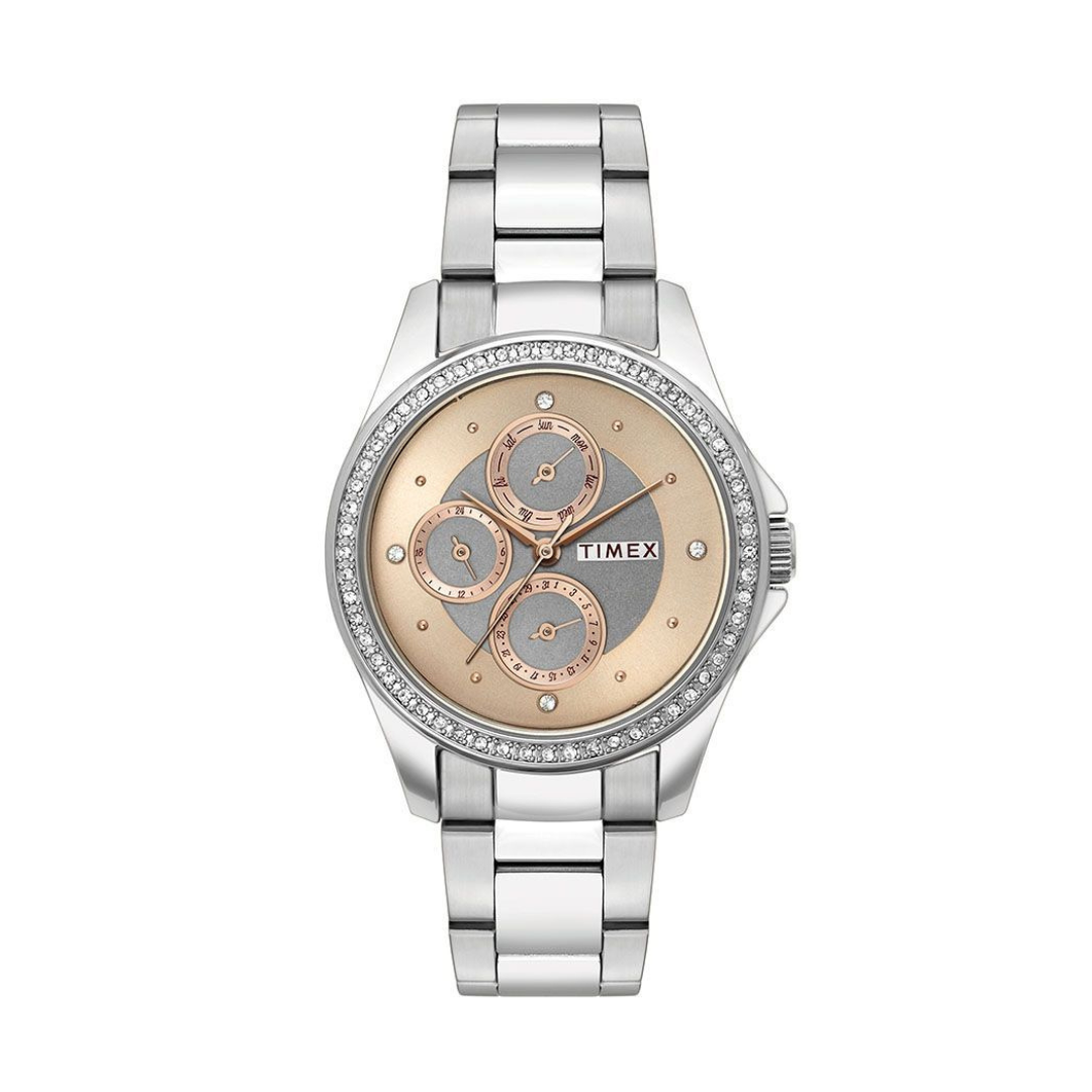 TIMEX E CLASS WOMEN'S ROSE GOLD DIAL ROUND CASE MULTIFUNCTION FUNCTION WATCH -TWEL13000 - KRISHNA WATCH COMPANY