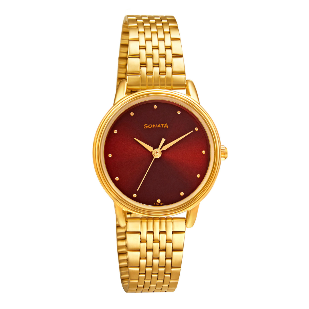 Sonata Gold Edit With Maroon Dial Stainless Steel Strap Watch - 8175YM03 - KRISHNA WATCH COMPANY