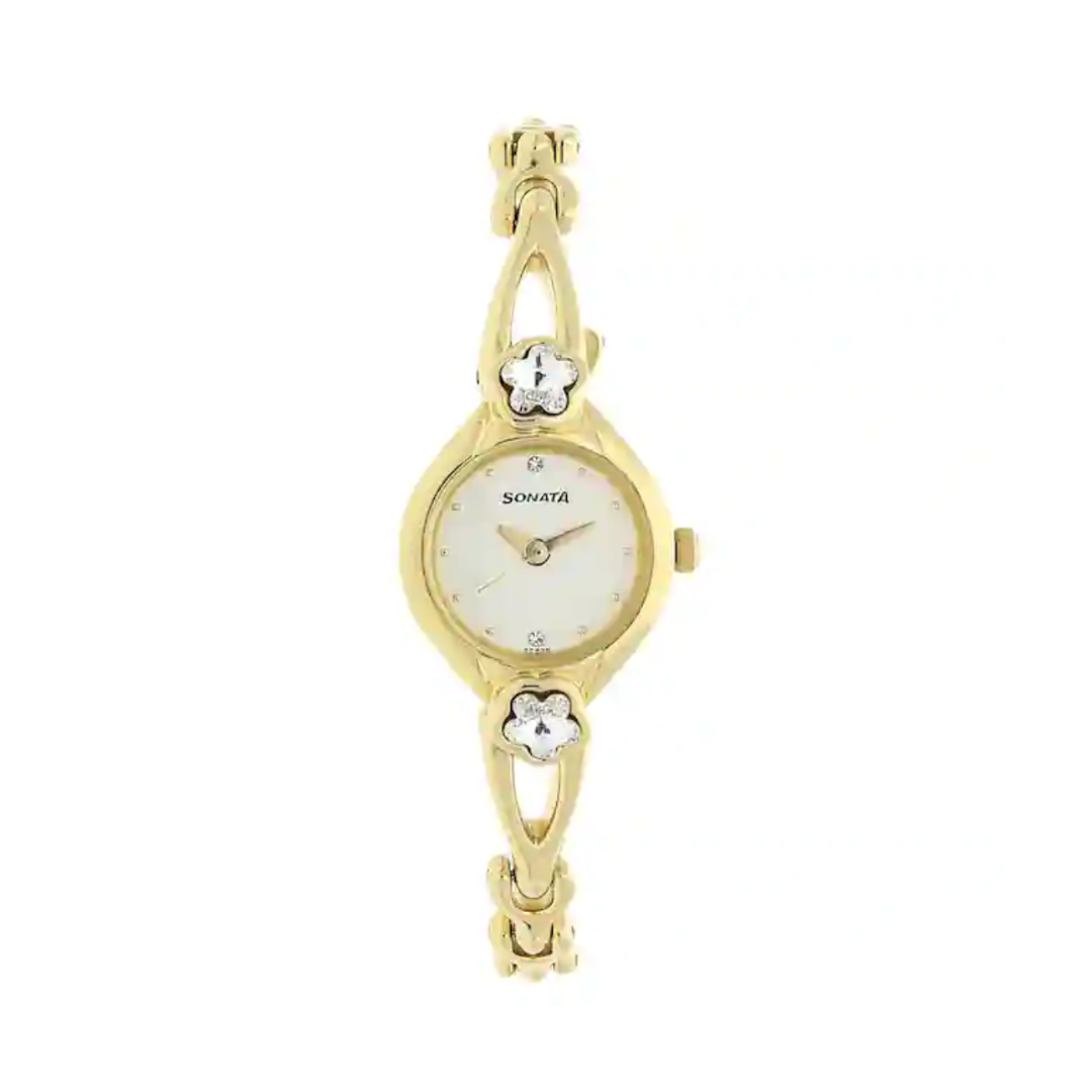 Sonata Champagne Dial Golden Metal Strap Watch - 8065YM01 - KRISHNA WATCH COMPANY