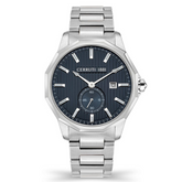 A Cerruti Men's round blue watch with a stainless steel band and case, featuring a blue dial and date display.