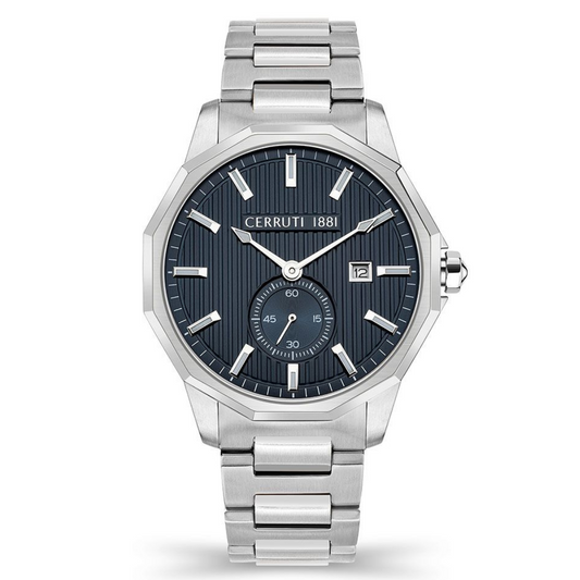 A Cerruti Men's round blue watch with a stainless steel band and case, featuring a blue dial and date display.
