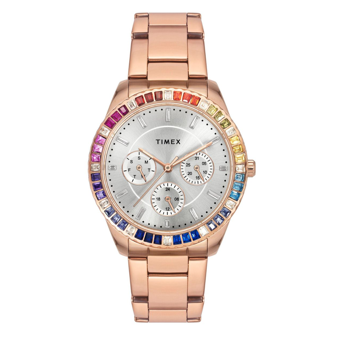 TIMEX E-CLASS PREMIUM-SPORT COLLECTION MULTIFUNCTION WOMEN ANALOG SILVER DIAL COLOURED QUARTZ WATCH, ROUND DIAL WITH 36 MM CASE WIDTH - TWEL16802 - KRISHNA WATCH COMPANY