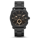 A Fossil brand men's analog watch with a black band and dial, featuring multiple subdials and a chronograph function.