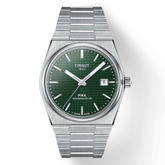 A TISSOT T-Classic PRX POWERMATIC 80 watch with a green dial and a silver stainless steel strap.