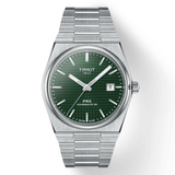 A TISSOT T-Classic PRX POWERMATIC 80 watch with a green dial and a silver stainless steel strap.