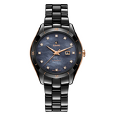 A RADO HyperChrome Automatic Diamonds watch with a black ceramic bracelet, a dark blue dial with diamond accents, and a date display.