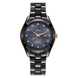 A RADO HyperChrome Automatic Diamonds watch with a black ceramic bracelet, a dark blue dial with diamond accents, and a date display.