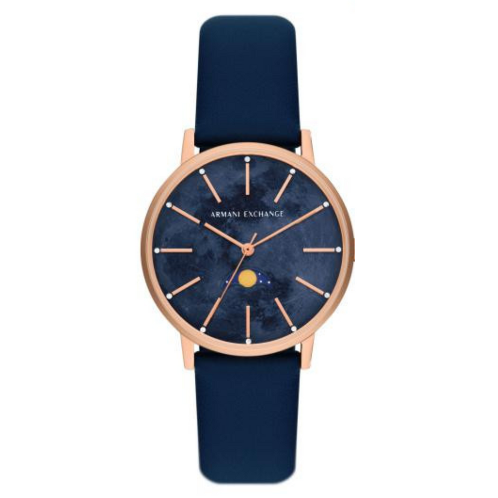 Armani Exchange Multifunction Moonphase Blue Leather Watch and Rose-Tone Brass Necklace Set AX7149SET - KRISHNA WATCH COMPANY